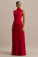 Cascade | Red High-Neck Maxi Dress With Twist Detail
