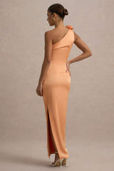 Janette | Peach Satin One-Shoulder Split Maxi Dress With Corsage