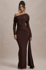 Valina | Brown Ruched Asymmetric Maxi Dress With Drape