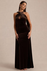Layli | Brown Velvet Halter-Neck Maxi Dress With Cape