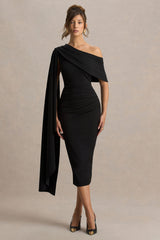 Leah | Black Asymmetric-Neck Midi Dress With Cape-Sleeve