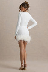 Claudia | White Sequin Crew-Neck Feather Hem Mini Dress With Long Sleeves