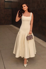 Parida | Cream Poplin Drop-Waist Midi Dress With Peplum Hem