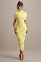 Enchant | Lemon Asymmetric Twisted Cape Midi Dress