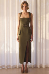 Sandra | Olive Square-Neck Tailored Maxi Dress With Front-High Split