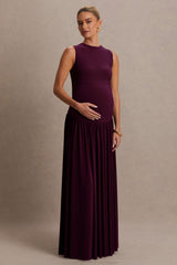 Outline | Plum Crew-Neck Maternity Maxi Dress With Pleated Skirt