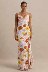 Thames | Bright Floral Print Satin Cowl-Neck Maxi Dress