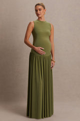 Outline | Olive Crew-Neck Maternity Maxi Dress With Pleated Skirt