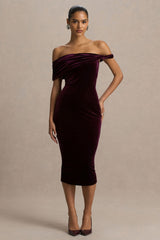 Billie | Burgundy Velvet Bardot-Neck Midi Dress With Twist-Sleeve