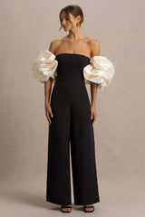 Panama | Black Bardot Jumpsuit With Cream Puff Sleeves