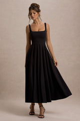 Parina | Black Strappy Volume-Hem Midi Dress