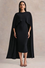 Kalani | Black Crew-Neck Midi Dress With Cape-Sleeves
