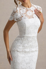 Clarissa | White Lace Short-Sleeve Midi Dress
