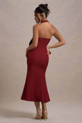 Aman | Berry Halter-Neck Midi Dress With Oversized Bow
