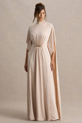 Olessia | Champagne Belted Gathered Cape-Sleeve Maxi Dress