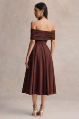 Dearest | Brown Bardot-Neck Midi Dress