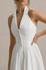 Jezebel | White Lace Plunge-Neck Collared Midi Dress