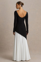Caty | Black And White Long-Sleeved Maxi Dress With Asymmetric Drop-Waist
