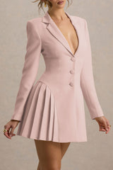 Blossoming | Baby Pink Plunge-Neck Tailored Mini Dress With Pleating