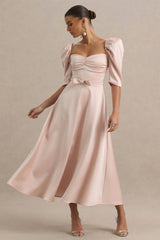 Rosey | Pale Pink Satin Sweetheart Midi Dress