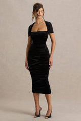 Chrissy | Black Velvet Square-Neck Midi Dress With Mesh-Sleeves And Ruched Detailing