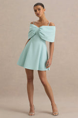 Faria | Light Blue Short-Sleeve Bardot Mini Dress With Bow Detail