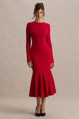 Liberty | Red High Neck Mermaid Midi Dress With Ruffling Detail