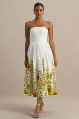 Ivory | Sunflower Print Bandeau High-Low Midi Dress