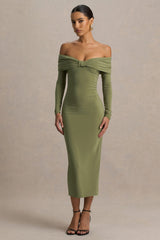 Spark | Olive Bardot-Neck Midi Dress With Bow Detail