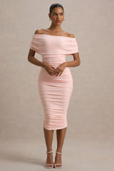 Rayleigh | Pink Bardot Ruched Midi Dress