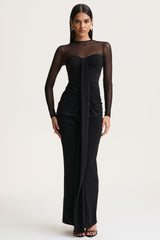 Cadenza | Black Crew-Neck Maxi Dress With Mesh And Gathered-Detailing