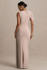 Brenda | Champagne Crew-Neck Maxi Dress With Mesh Cape And Sash