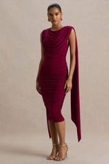 Wanderer | Burgundy Crew-Neck Midi Dress With Draped and Ruched Detailing