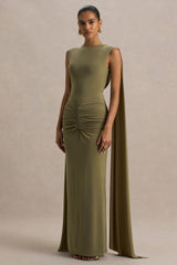 Premiere | Olive Boat-Neck Maxi Dress With Cape-Sleeves And Open-Back
