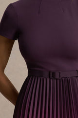 Libby | Burgundy Ombre Woven High-Neck Midi Dress With Pleated Detailing