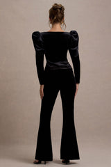 Suzu | Black Velvet Puff-Sleeve Top With Bows
