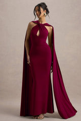 Rhoda | Burgundy Twist Halter-Neck Cape Maxi Dress