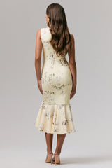 Priceless | Lemon Print Crew-Neck Fishtail Midi Dress