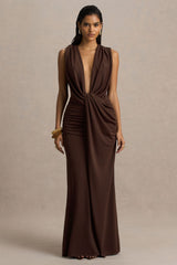 Serafina | Chocolate Extreme-Plunge Neck Maxi Dress With Wrap And Ruched Details