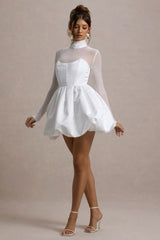 Tinkerbell | White Satin Long-Sleeve Puffball Mini Dress