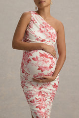 Late Night | Pink Floral Print Maternity Ruched One Shoulder Midi Dress