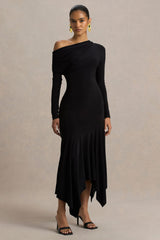 Isola | Black Asymmetric-Neck Midi Dress With Hanky-Hem