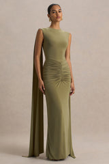Premiere | Olive Boat-Neck Maxi Dress With Cape-Sleeves And Open-Back