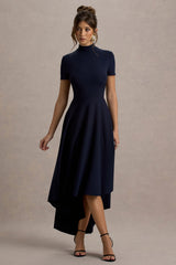 Bellona | Navy High-Neck High-Low Midi Dress