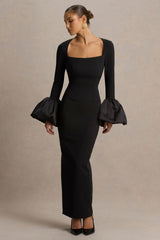 Retreat | Black Square-Neck Maxi Dress With Satin Puff-Sleeves