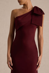 Josephine | Burgundy Matte Satin Asymmetric-Neck Maxi Dress With Bow Detail