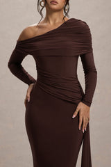 Valina | Brown Ruched Asymmetric Maxi Dress With Drape