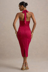 Aine | Red Satin Jacquard Cowl-Neck Midi Dress