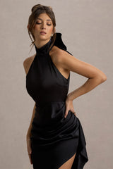 Maureen | Black Satin High-Neck Draped Maxi Dress