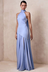 Luscious | Powder Blue High-Neck Maxi Dress With Drop-Waist And Bow Detail